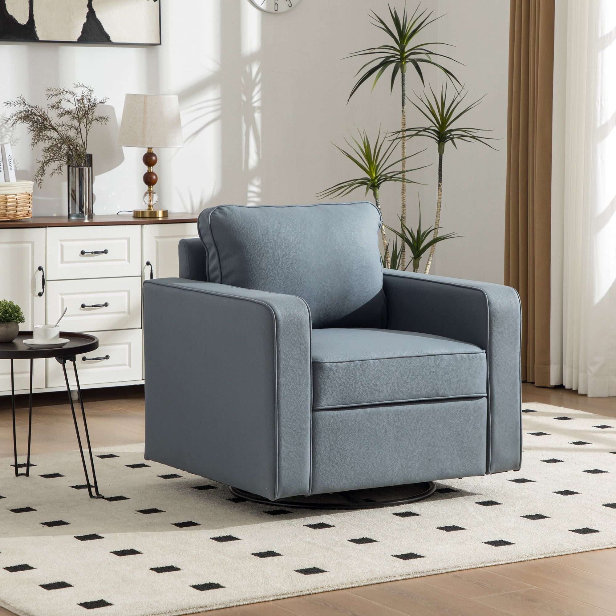 34-Inch Blue Tech Cloth Swivel Accent Chair with Hidden Storage