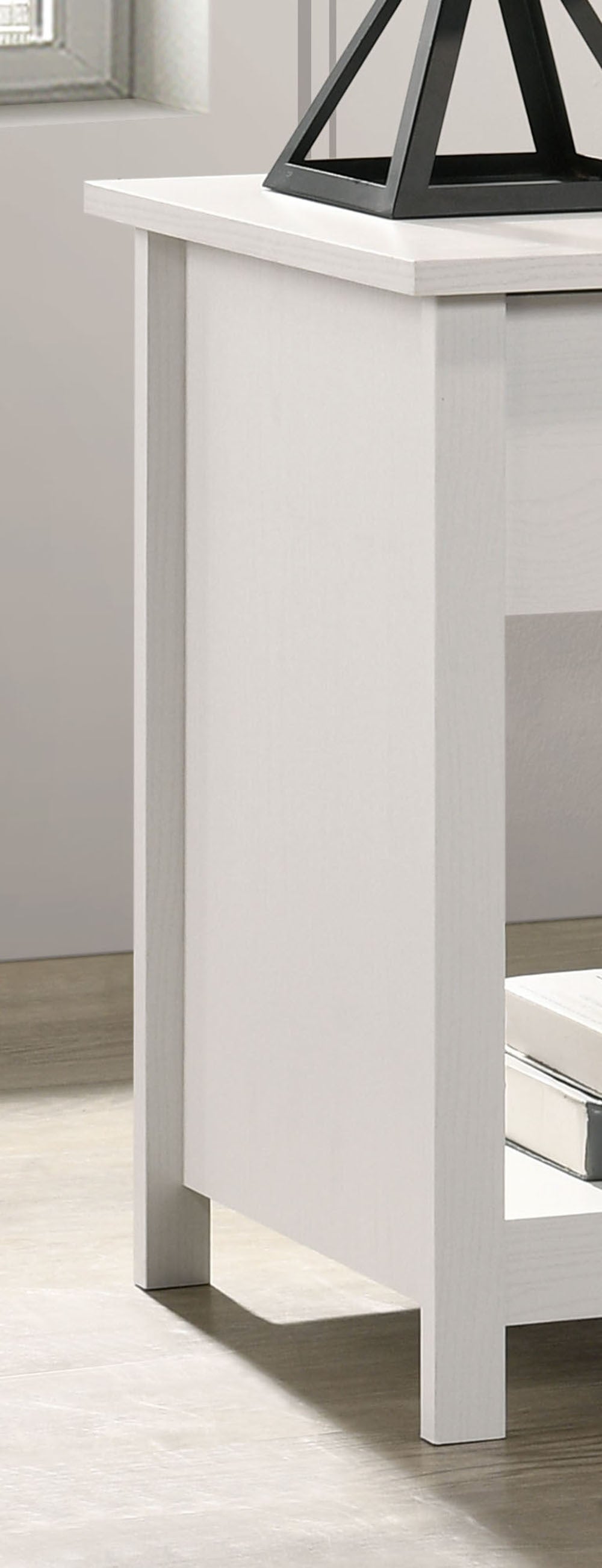 Side view of Celeste Nightstand - White Drawer showing clean lines and sturdy legs. Compact modern design fits small spaces.