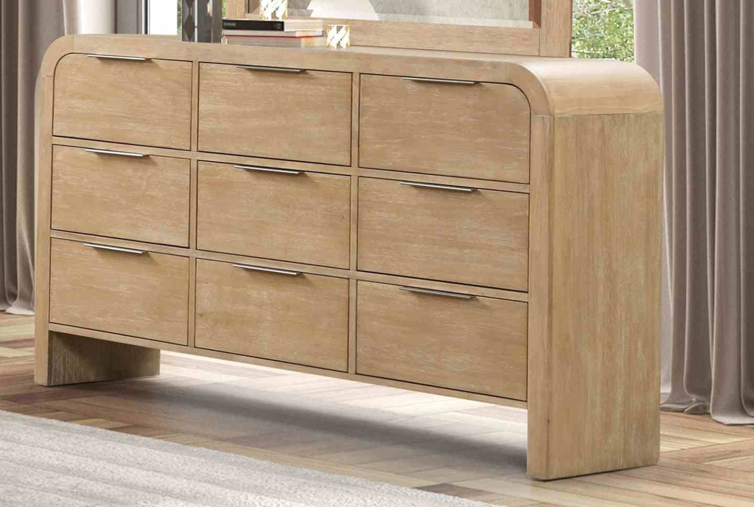 9-drawer solid rubber wood dresser in natural finish, placed in a modern bedroom with curtain backdrop and wood flooring.