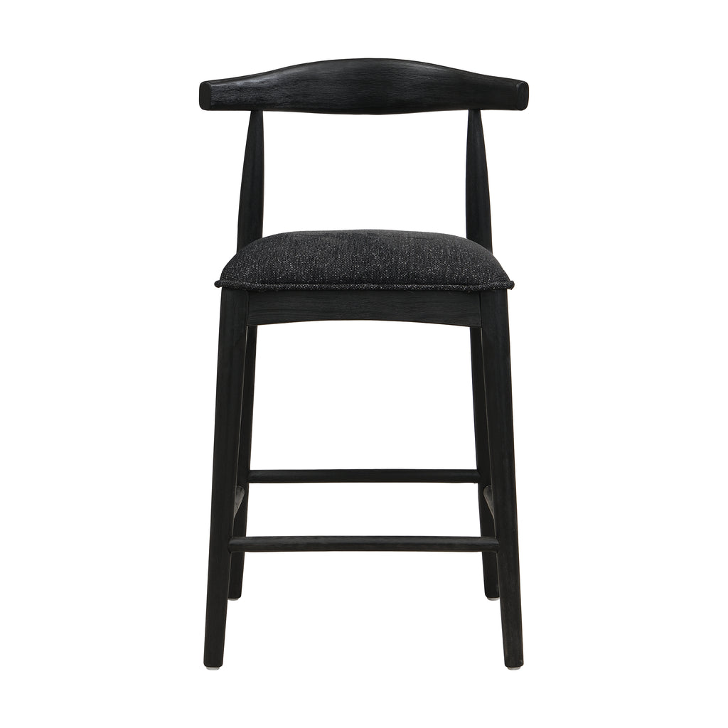Front view of Black Fabric Counter Stool showing cushioned seat and sturdy rubberwood legs, ideal for modern dining spaces.