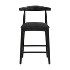 Front view of Black Fabric Counter Stool showing cushioned seat and sturdy rubberwood legs, ideal for modern dining spaces.