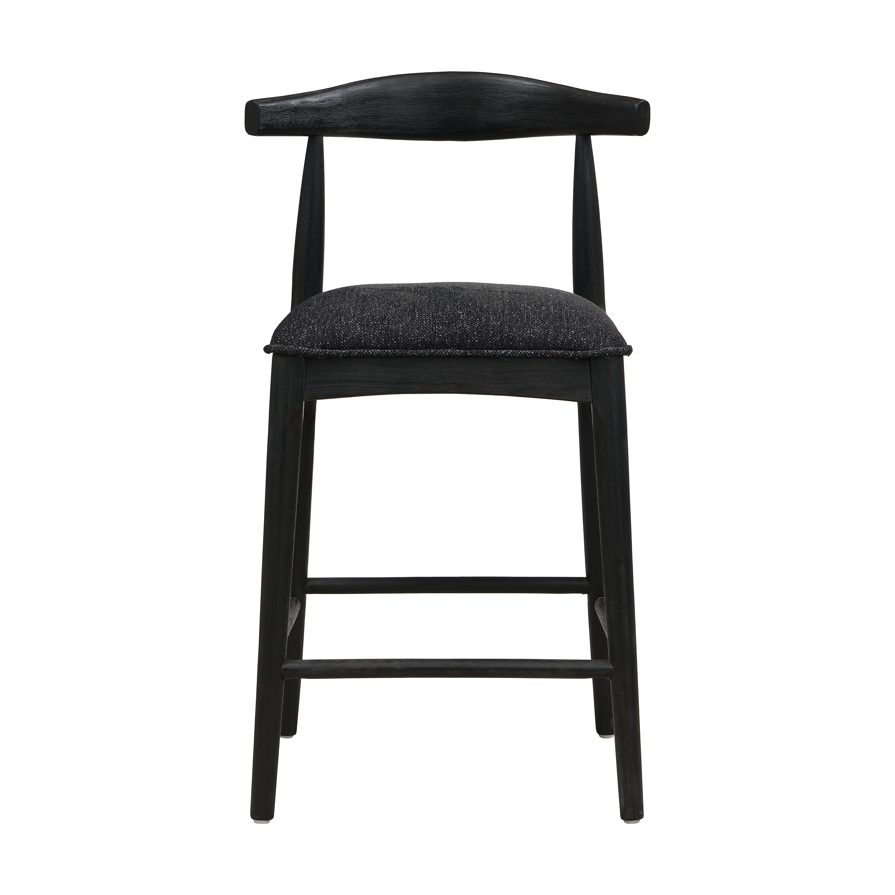 Front view of Black Fabric Counter Stool showing cushioned seat and sturdy rubberwood legs, ideal for modern dining spaces.