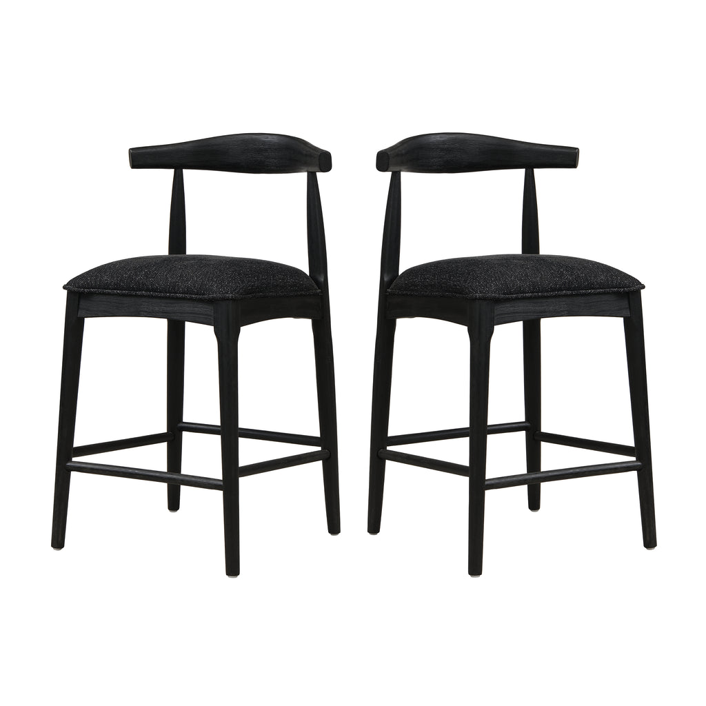 Black Fabric Counter Stool Set of 2 with sleek curved backrests and cushioned seats, perfect for stylish and comfy kitchen or bar seating.