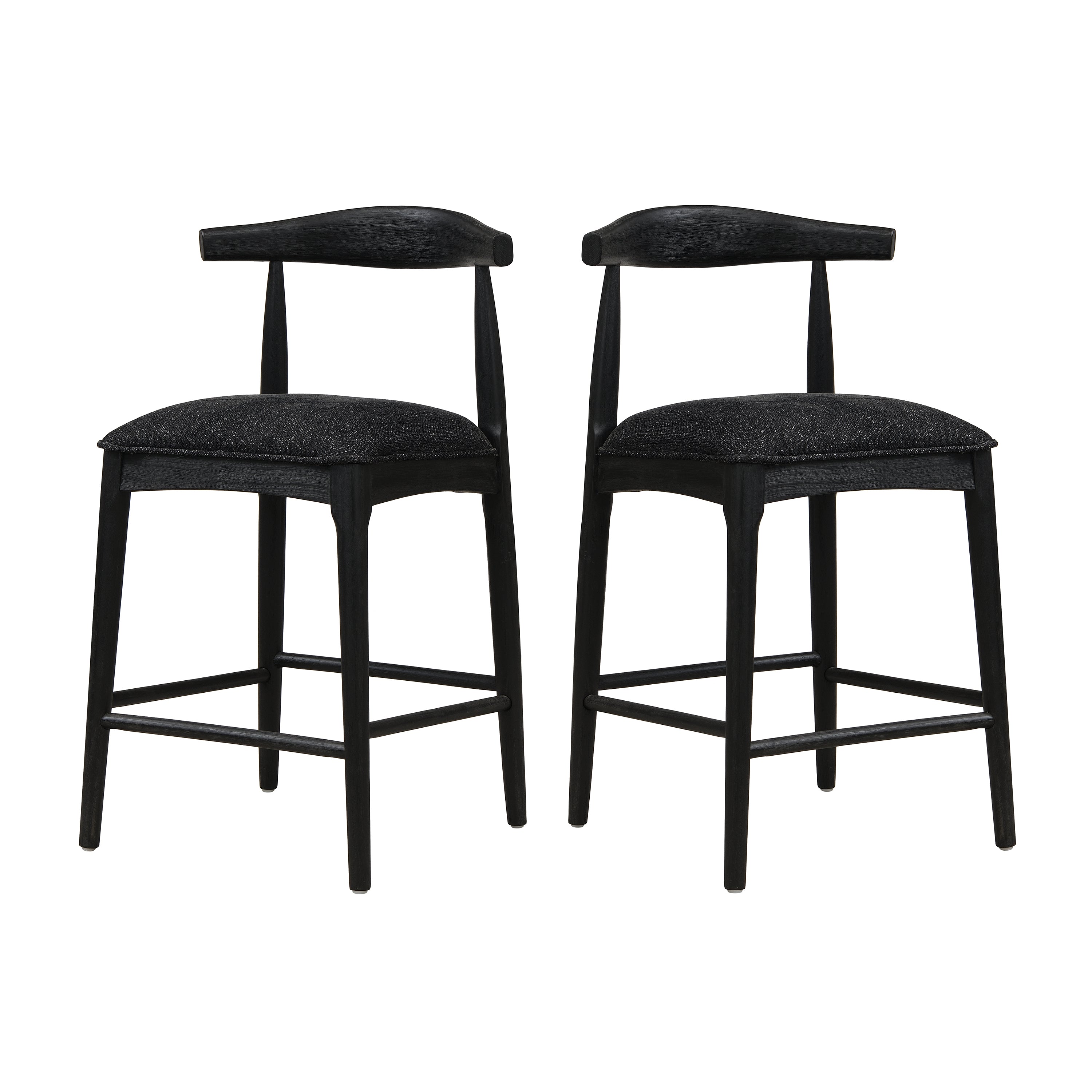 Black Fabric Counter Stool Set of 2 with sleek curved backrests and cushioned seats, perfect for stylish and comfy kitchen or bar seating.