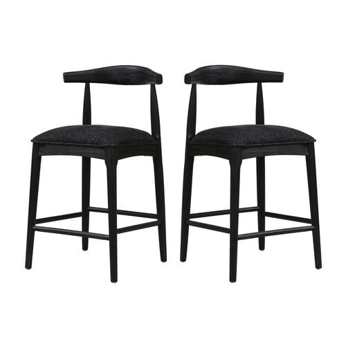 Black Fabric Counter Stool Set of 2 with sleek curved backrests and cushioned seats, perfect for stylish and comfy kitchen or bar seating.