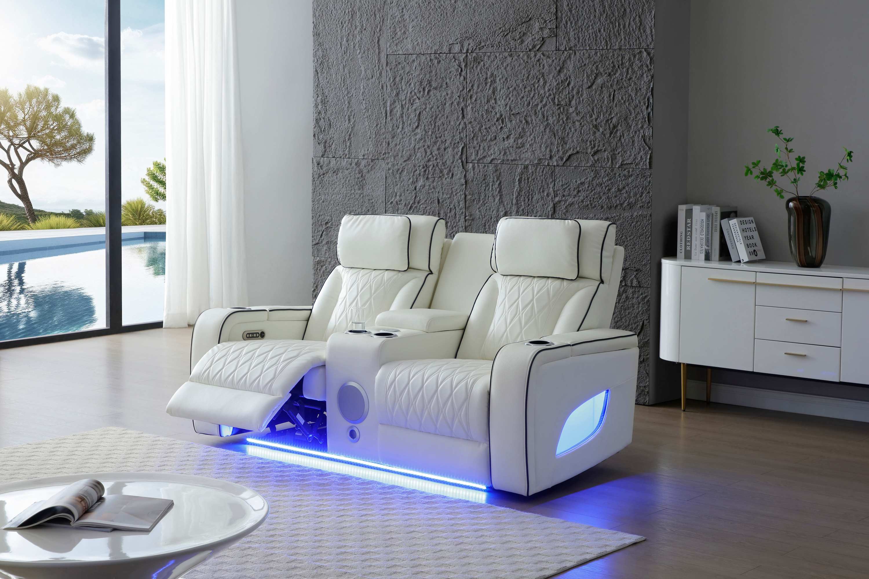Lumin Power Reclining White Faux Leather Loveseat with LED Lighting