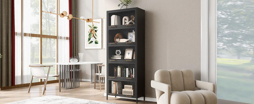 Iron Display Cabinet with Glass Doors - 5-Tier Bookcase.