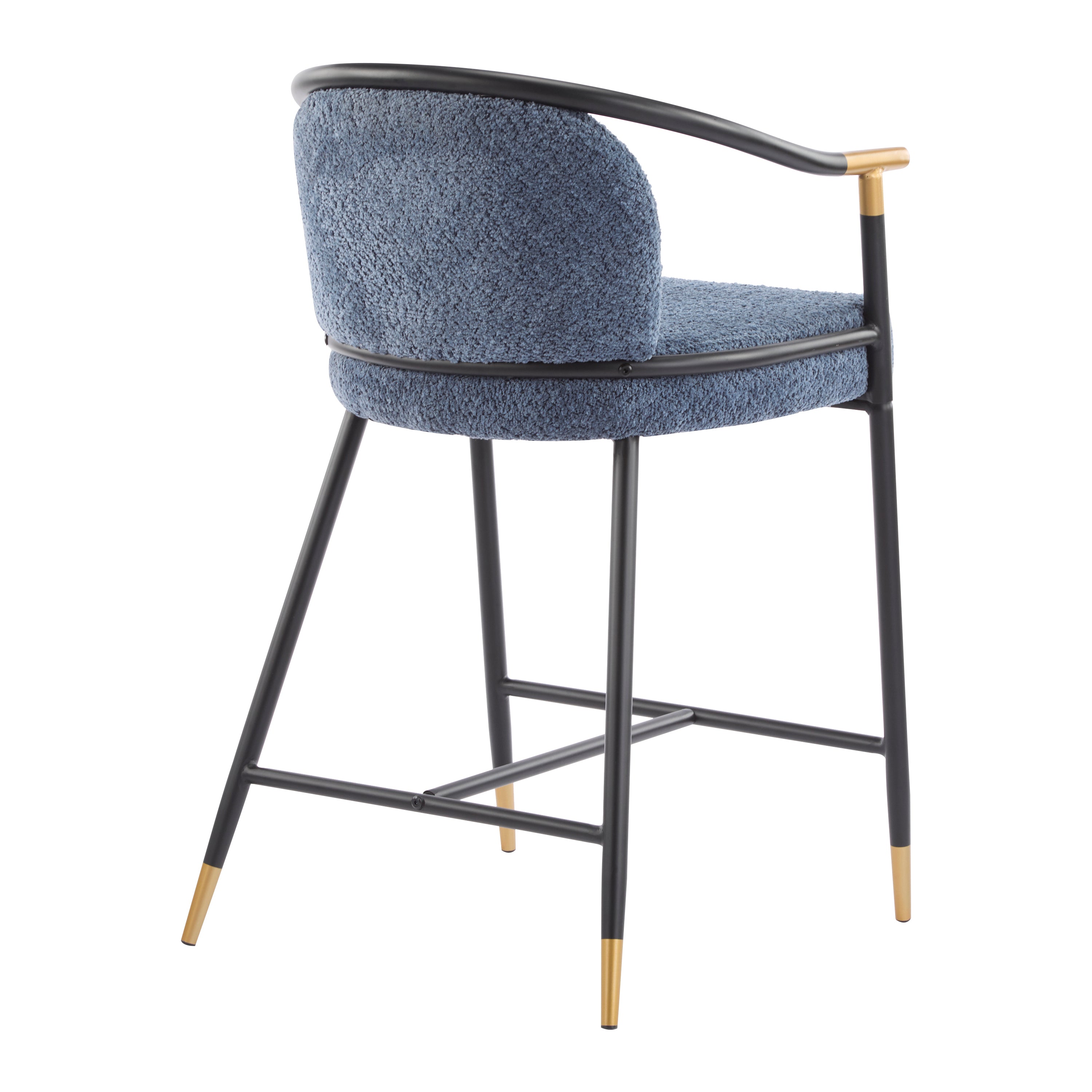 Rear angled view of upholstered counter stool showing curved backrest, plush blue fabric, and sleek black metal legs with gold accents.