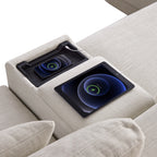L-Shaped sectional sofa with built-in wireless and wired charging ports for phones and tablets. Ideal for tech-savvy modern living rooms.