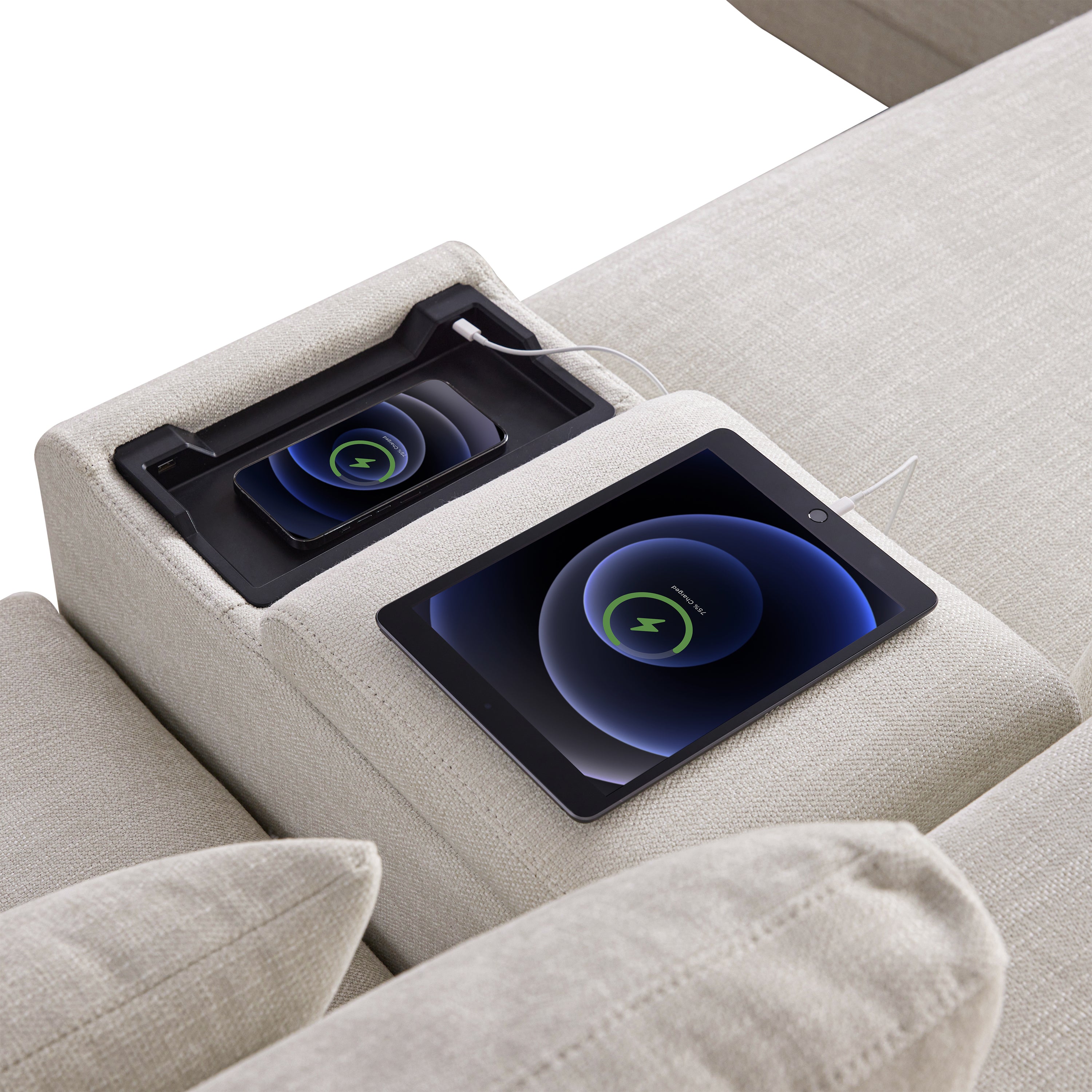 L-Shaped sectional sofa with built-in wireless and wired charging ports for phones and tablets. Ideal for tech-savvy modern living rooms.