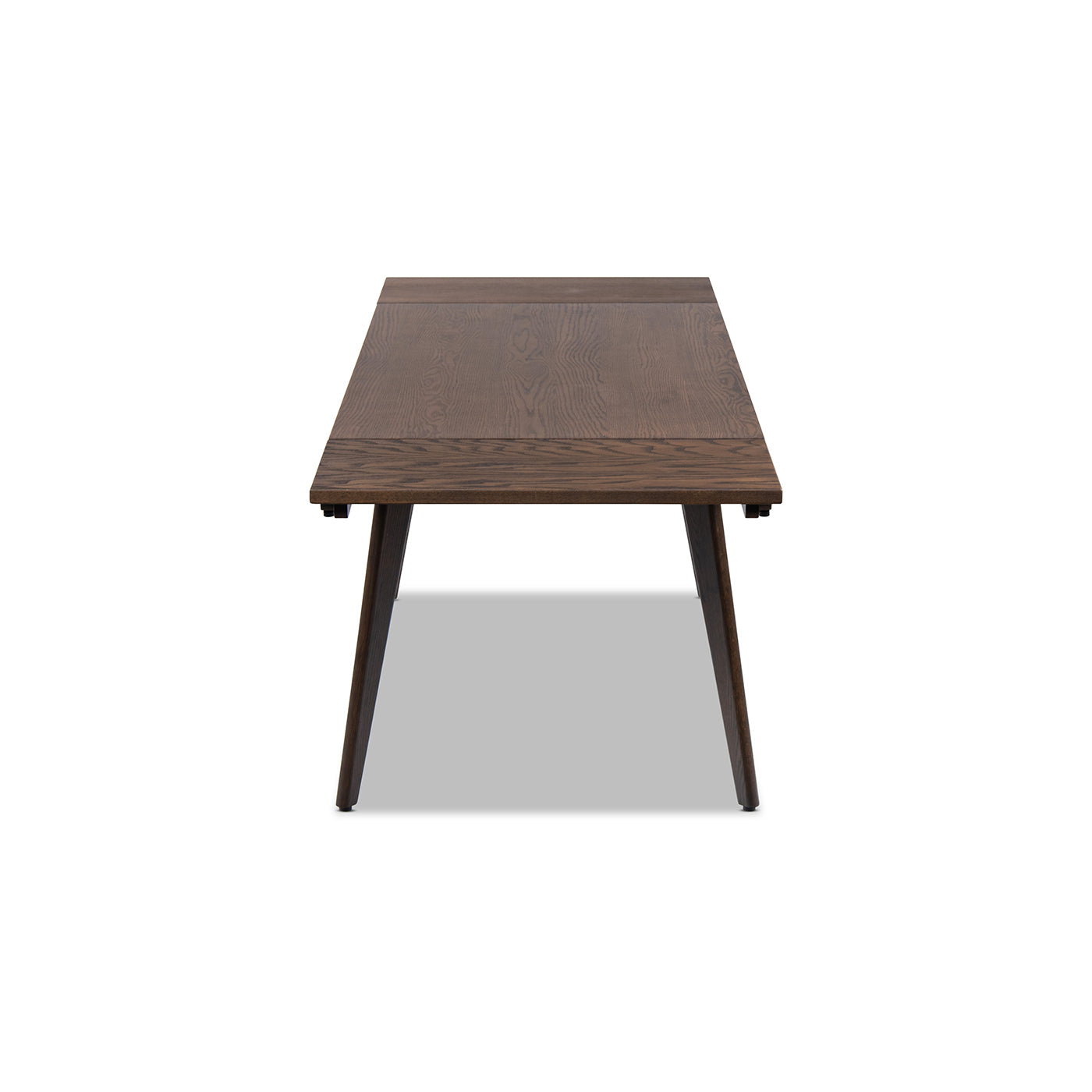 End view of the Oak Extendable Dining Table, highlighting the solid red oak construction and dark brown finish.