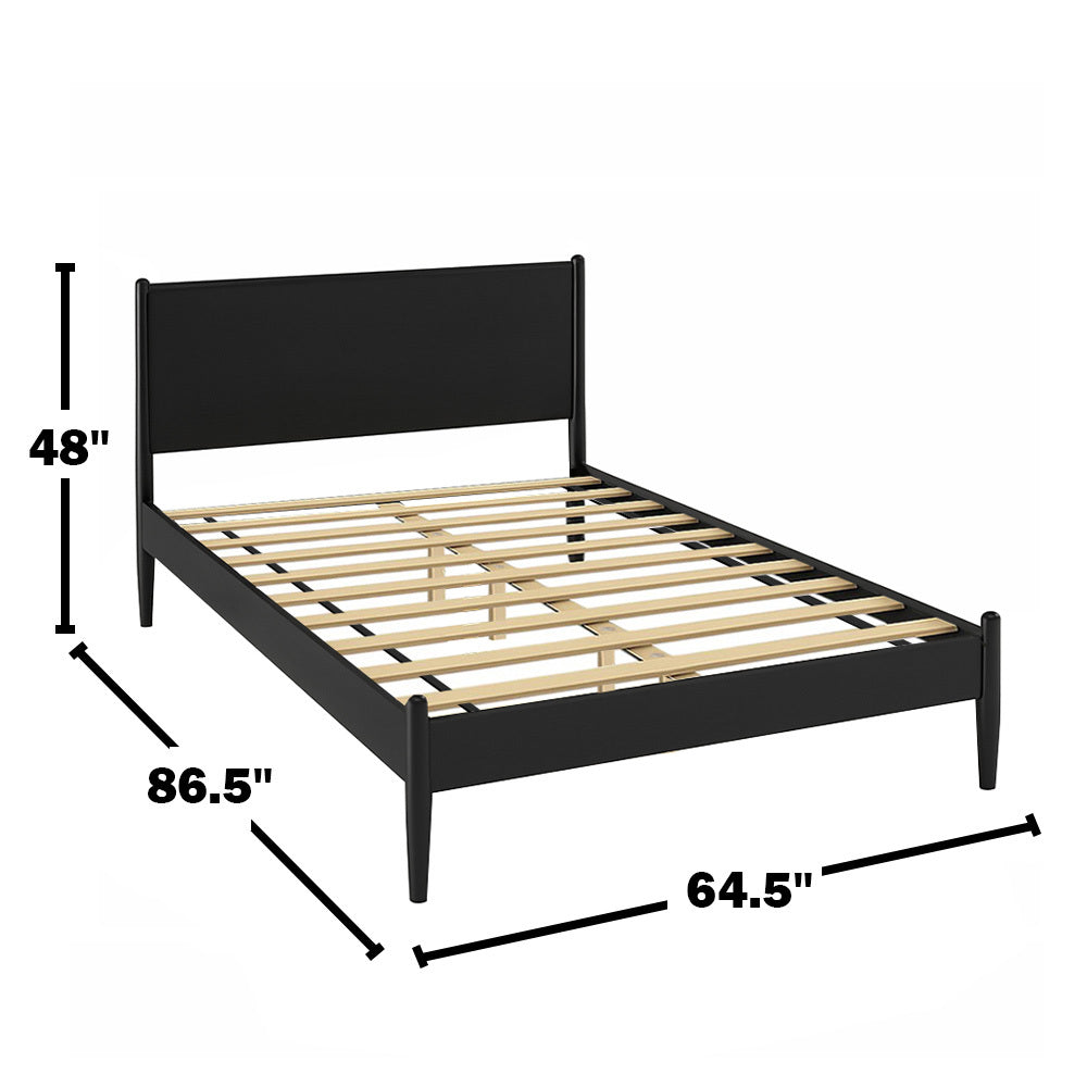 Mid-Century Modern Queen Platform Bed in black with wood slat support and dimensions 86.5x64.5x48 inches, no box spring required.