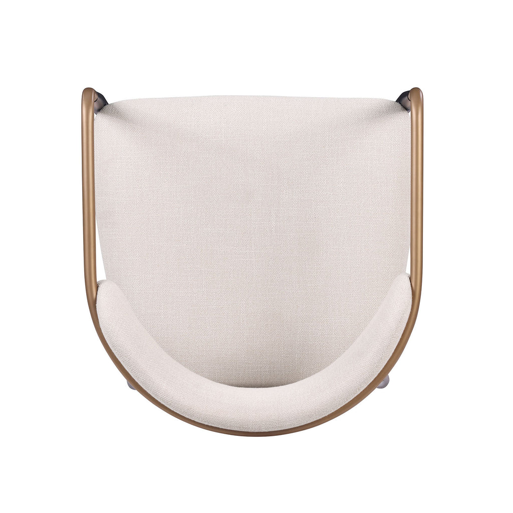 Top-down view of a contemporary counter height chair showing the curved backrest and cushioned seat in beige upholstery.