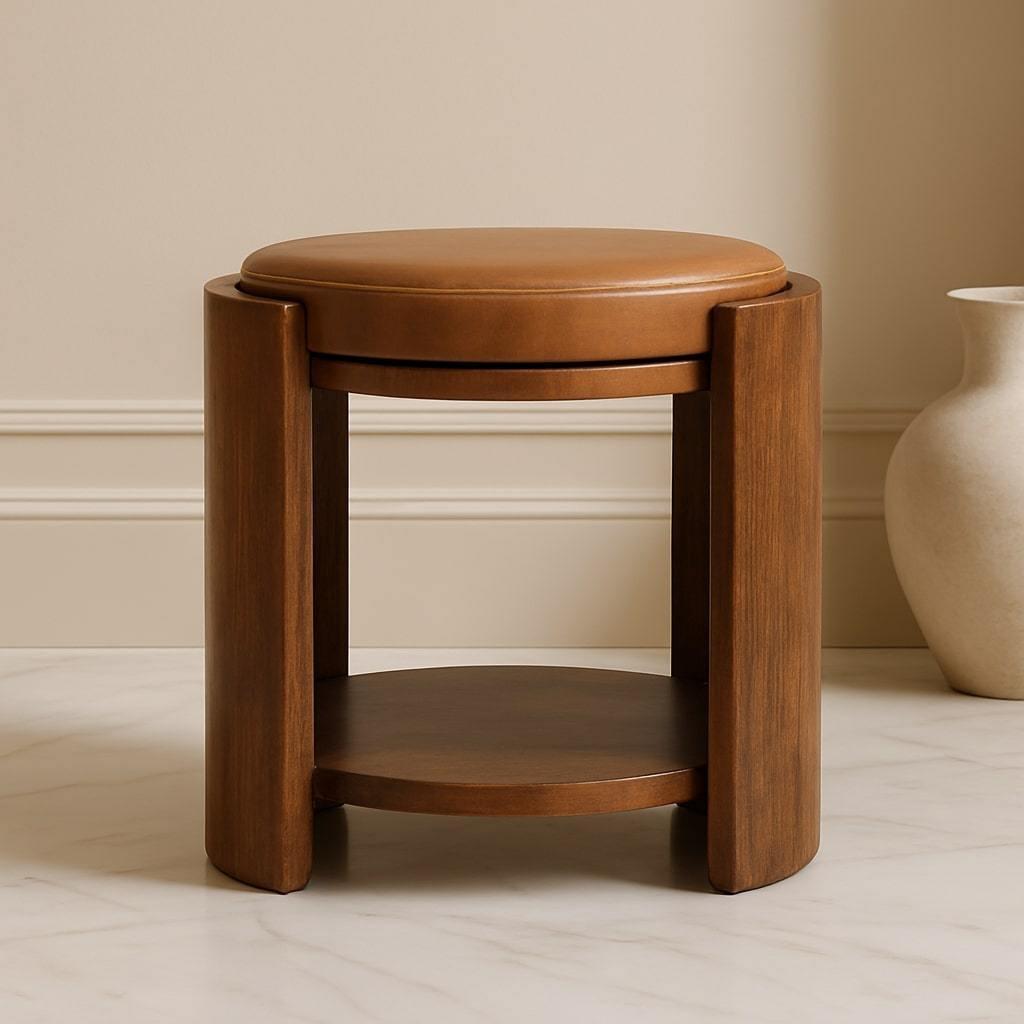 Savoy Leather Stool - Artisan Crafted Solid Wood.