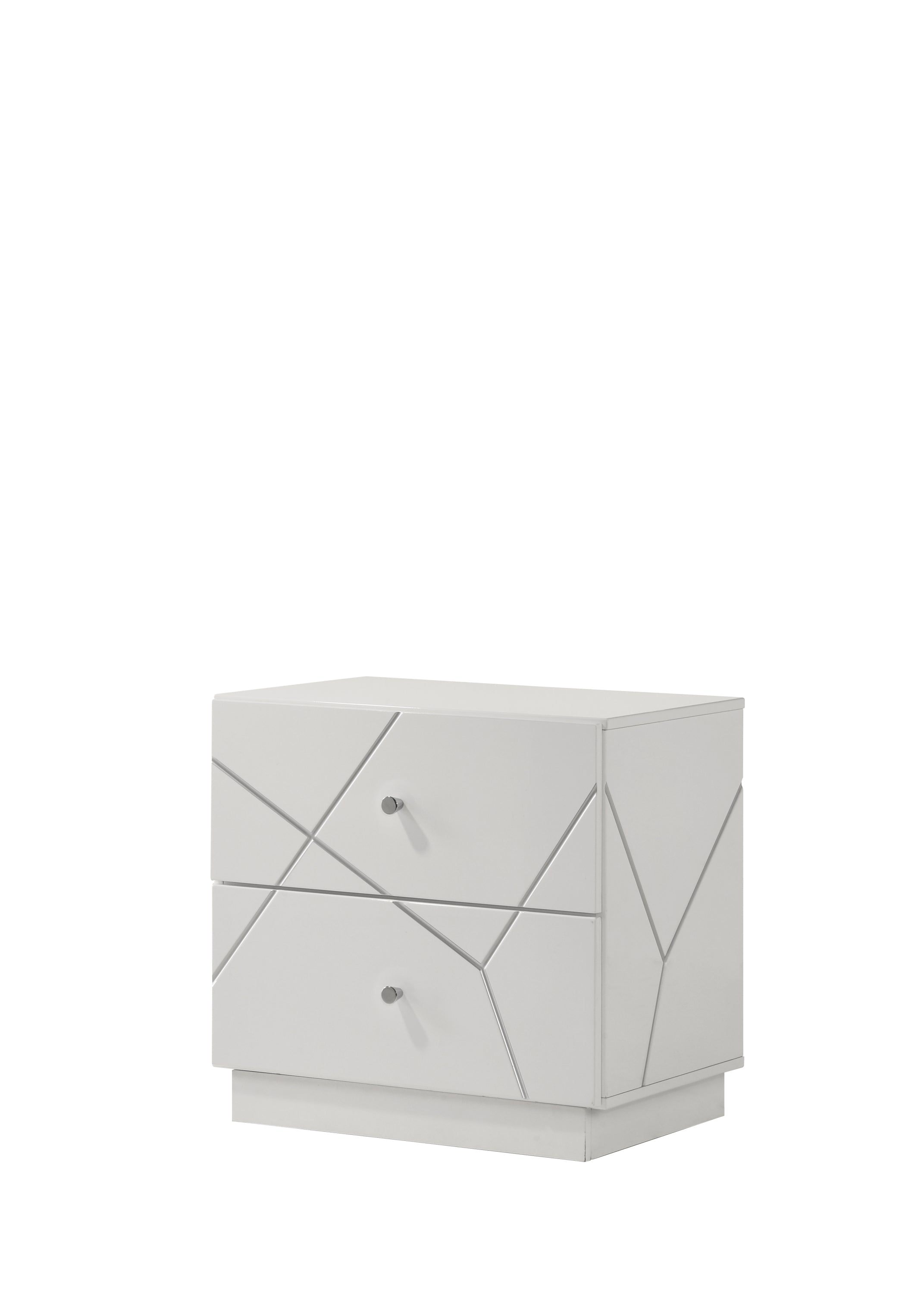 Modern white high-gloss nightstand with two drawers, geometric silver line accents, and sleek silver knobs.