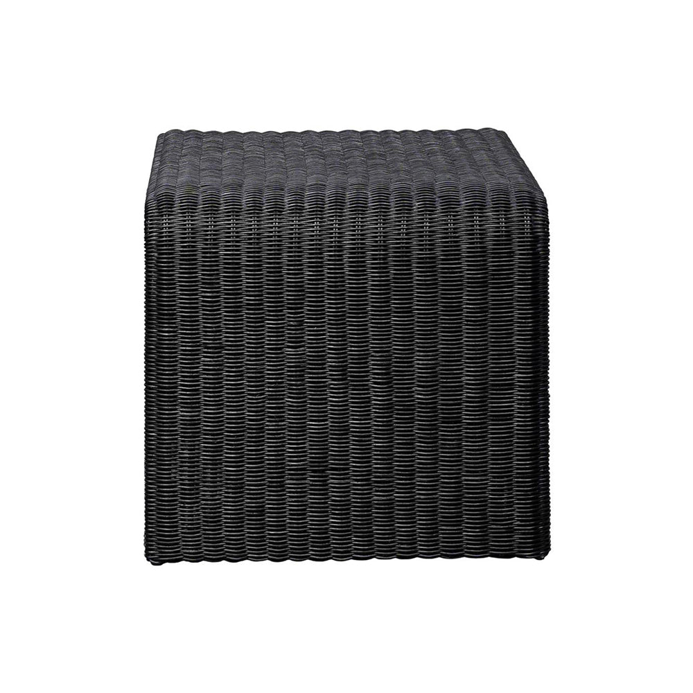 Side view of black Woven Rattan Square End Table showing its solid woven construction and square shape for accent furniture use.
