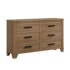 Walnut Color Six Drawers Dresser with Black Bar Pulls.