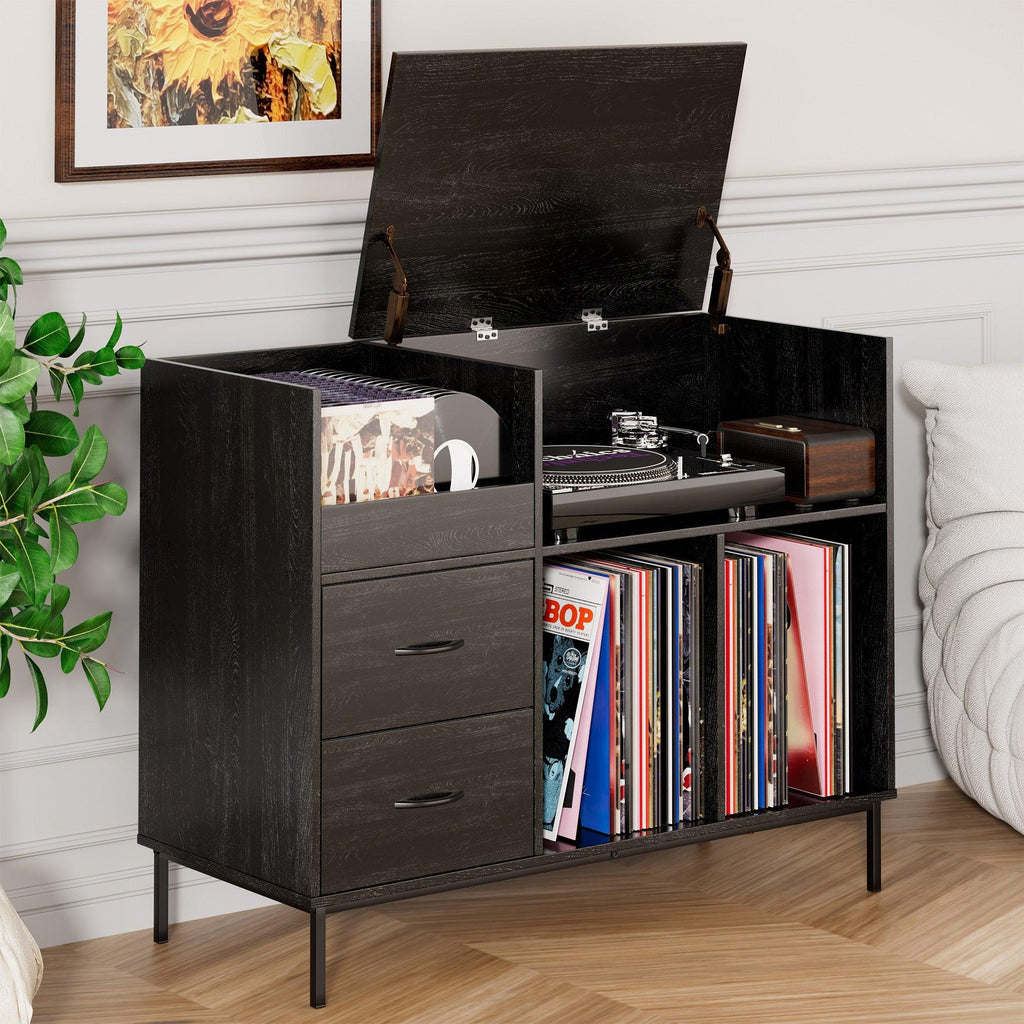 Eco-Friendly Record Player Stand - Black Vinyl Storage Cabinet.