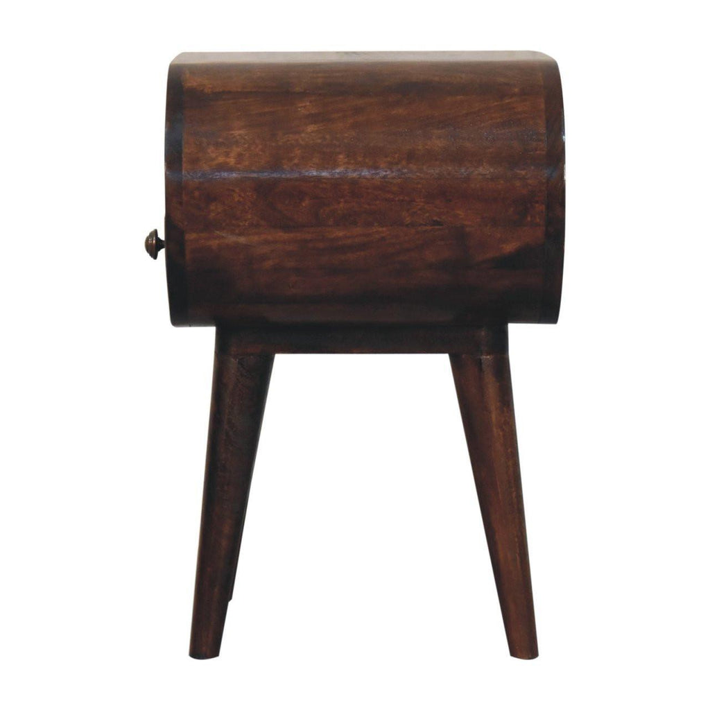 Solid Wood California Walnut Circular Bedside with 1-Drawer, Open Slot, Nordic Legs, Dark Brown.