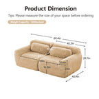 2-seater modular sofa in plush light khaki fabric with detailed dimensions and 300lbs per seat weight capacity. Ideal for compact living spaces.