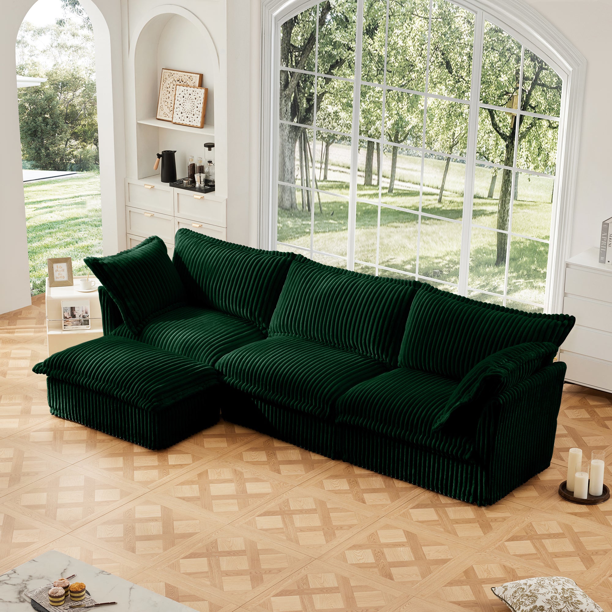 Green Corduroy L-Shaped Slipcovered Sectional Sofa with Ottoman