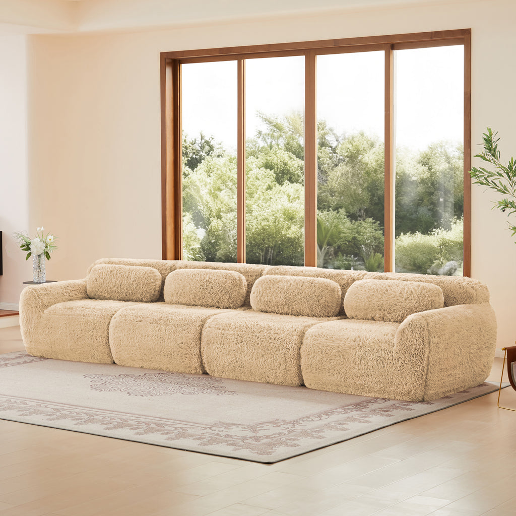 Modular Plush Sofa in light khaki with five seating sections and rounded cushions, designed for comfort and flexibility.