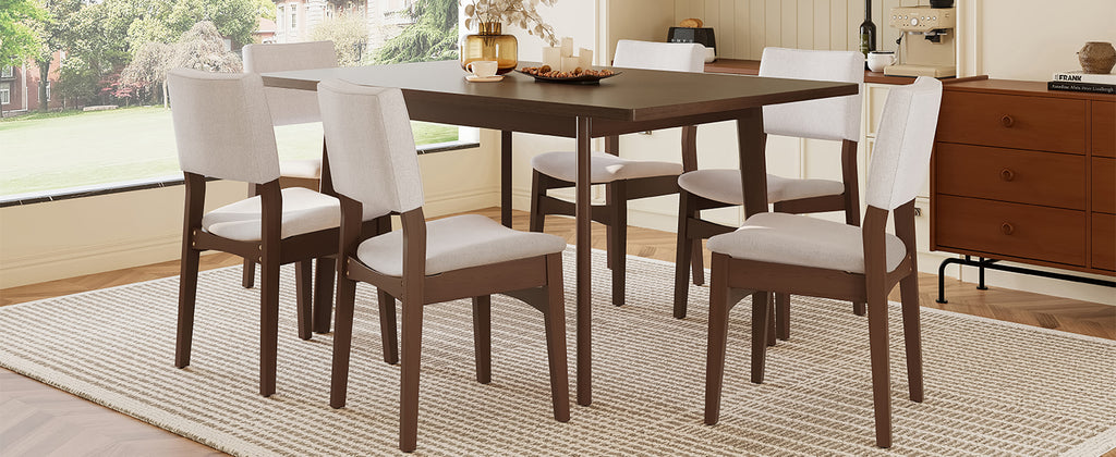 Side view of the Modern Dining Set with walnut finish table and six upholstered chairs arranged in a stylish dining room setting.