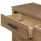 Walnut Color Six Drawers Dresser with Black Bar Pulls.