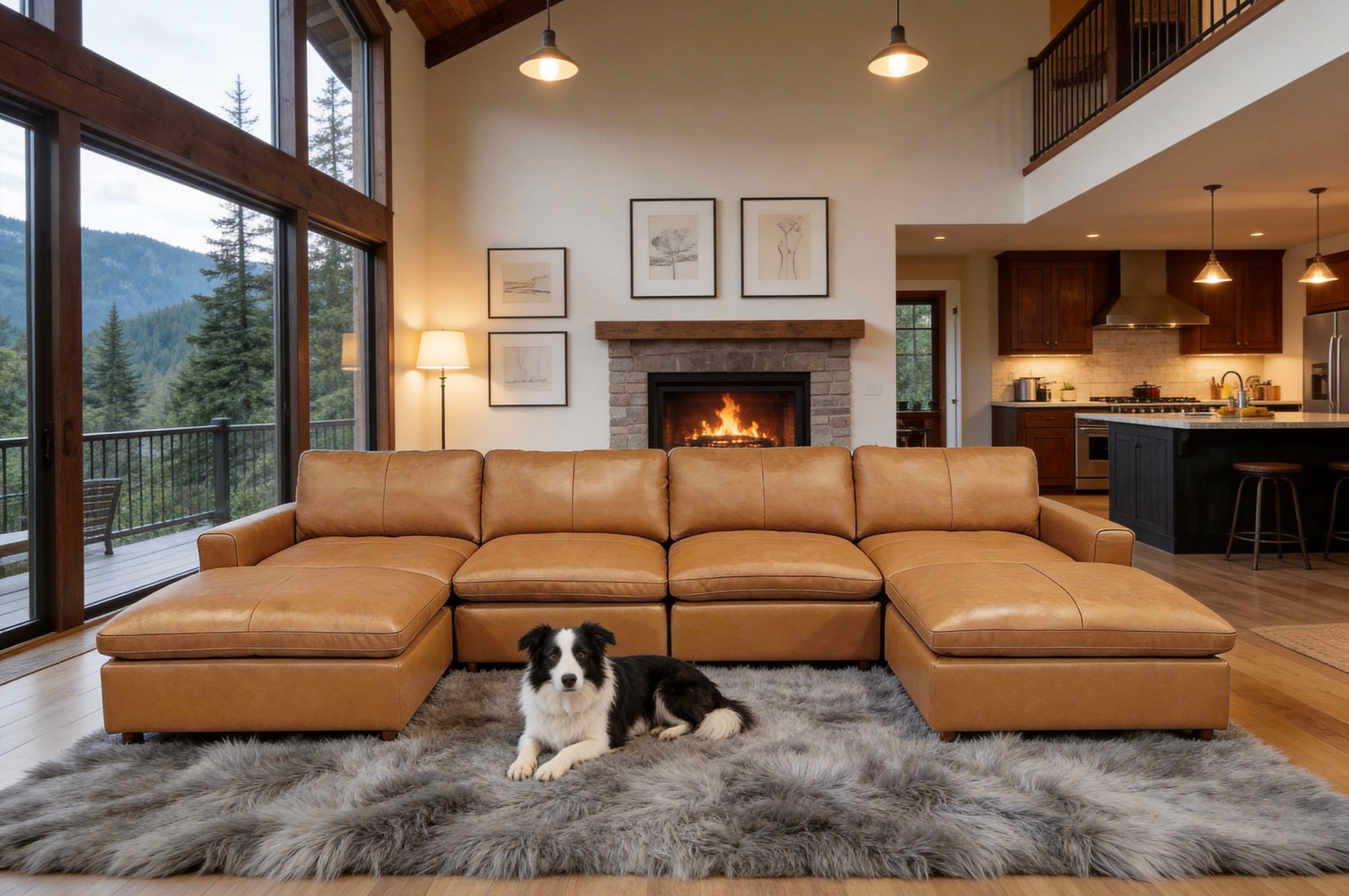 Ginger 6-Seater U-Shaped Leather Match Sectional with Square Arms