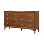Walnut 6-Drawers Dresser with Gold-Capped Legs.