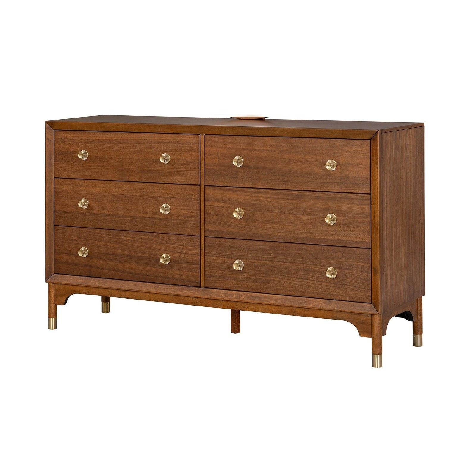 Walnut 6-Drawers Dresser with Gold-Capped Legs.