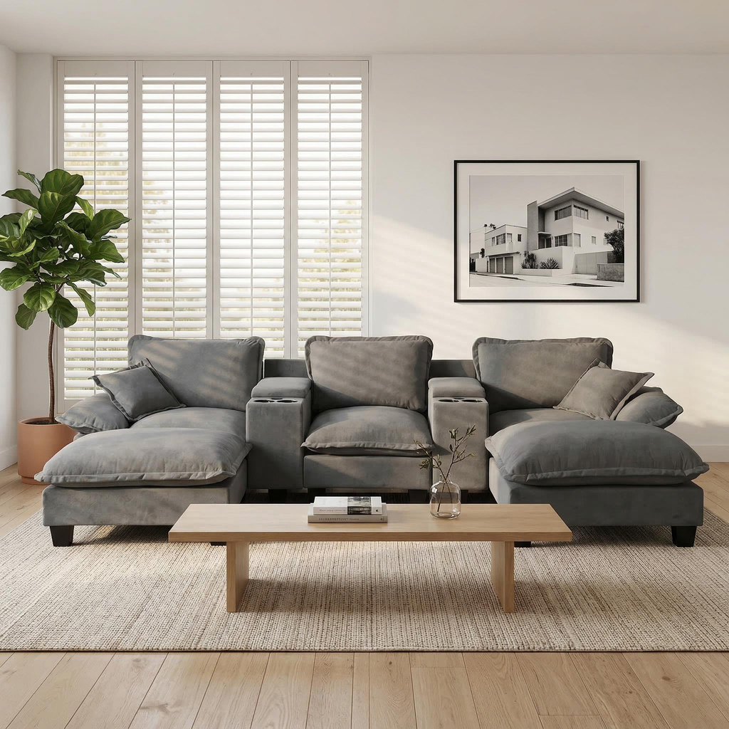 Grey Modular U-Shape Chenille Cloud Couch with Storage and USB Port