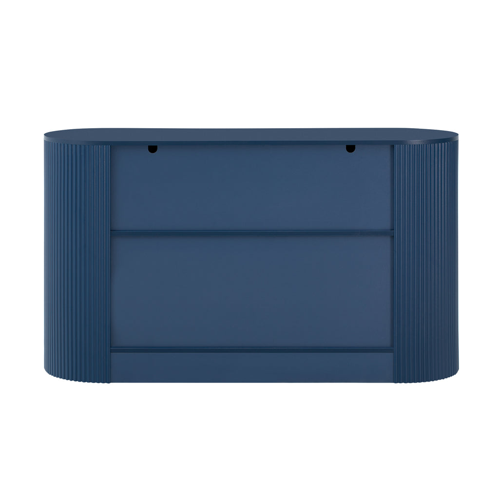 Modern MDF storage cabinet in navy blue featuring curved doors and shelves, perfect for stylish living or dining room organization.