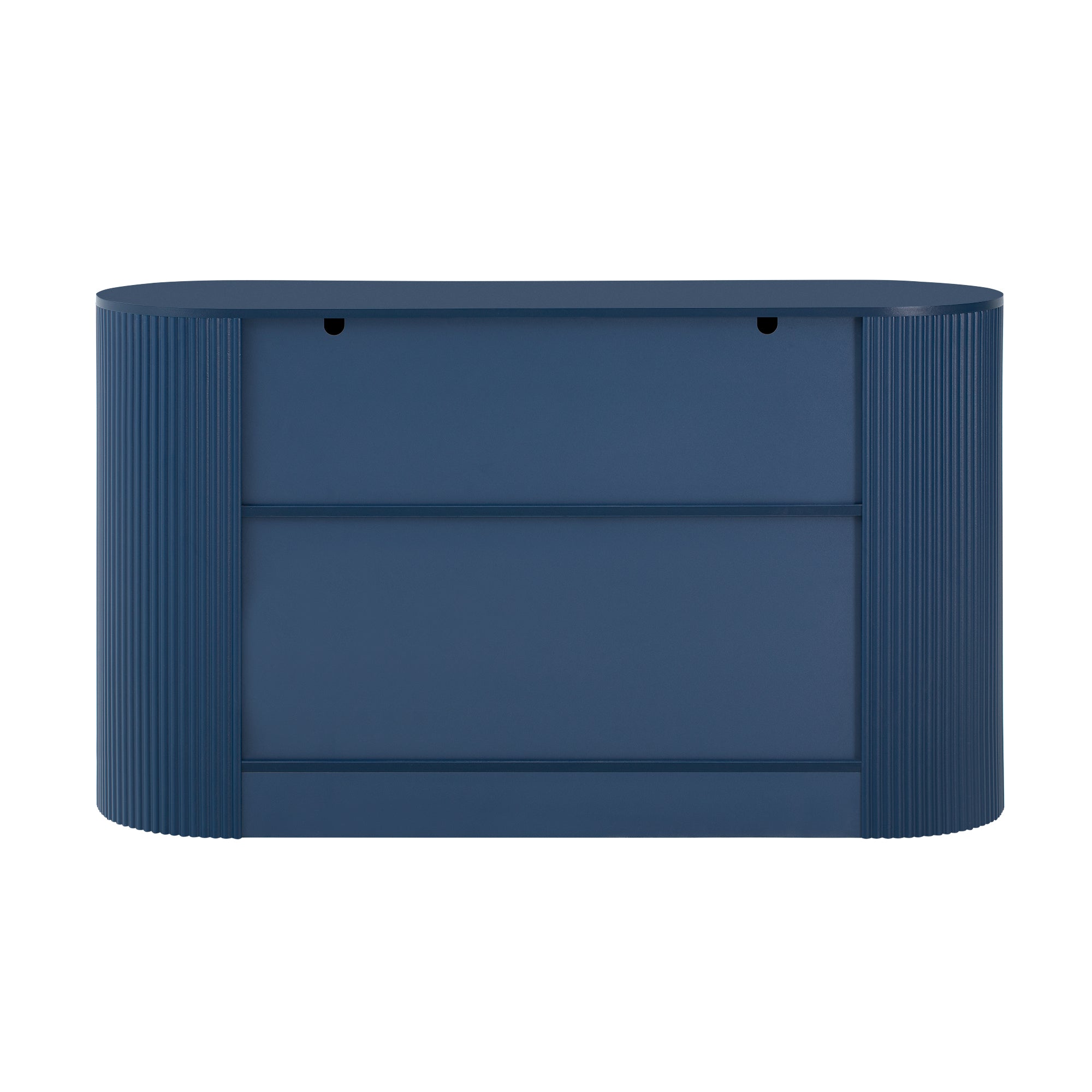 Modern MDF storage cabinet in navy blue featuring curved doors and shelves, perfect for stylish living or dining room organization.