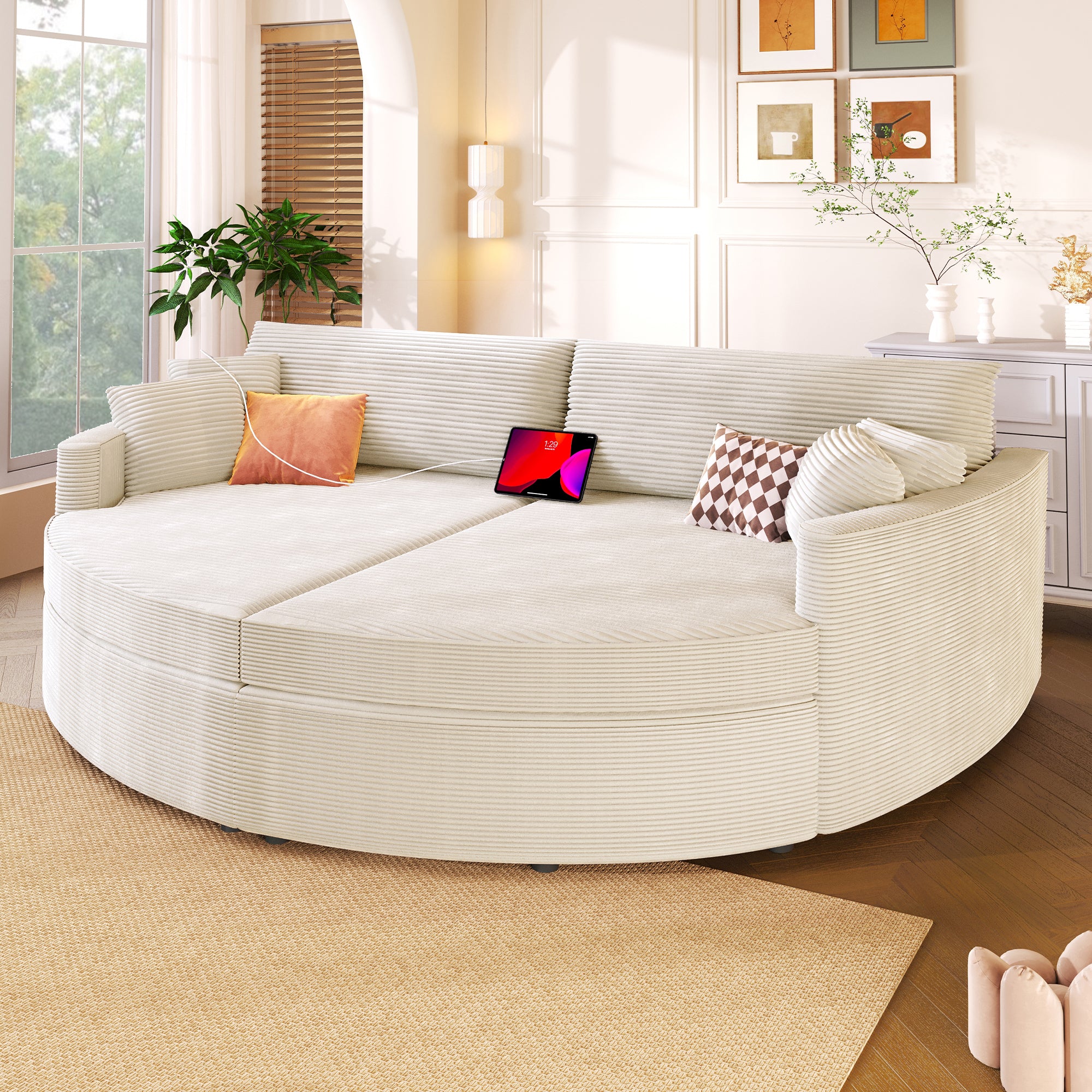 Oversized Double Chaise Lounge Sofa with USB Ports in Beige Corduroy Fabric, 102.3' Overall Length, Deep Seat for Living Room