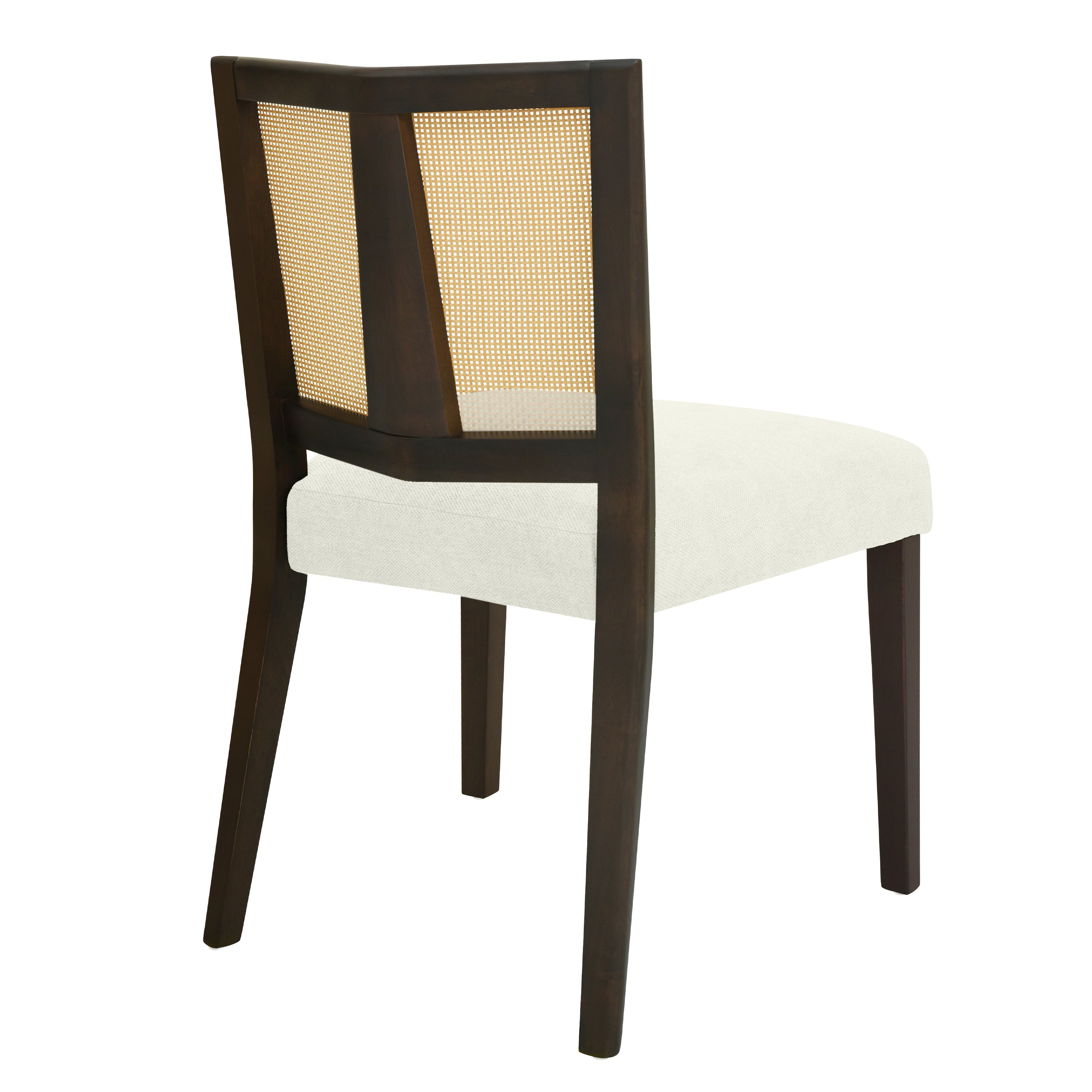 Back angled view of Rattan Dining Chair showing curved dark wood frame and woven cane backrest for a retro-modern aesthetic.