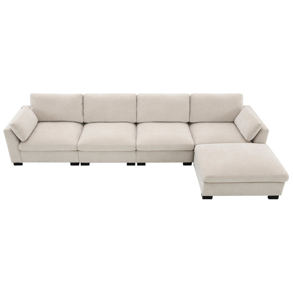 Top-down view of modular sectional sofa with L-shaped configuration and movable ottoman in beige chenille.