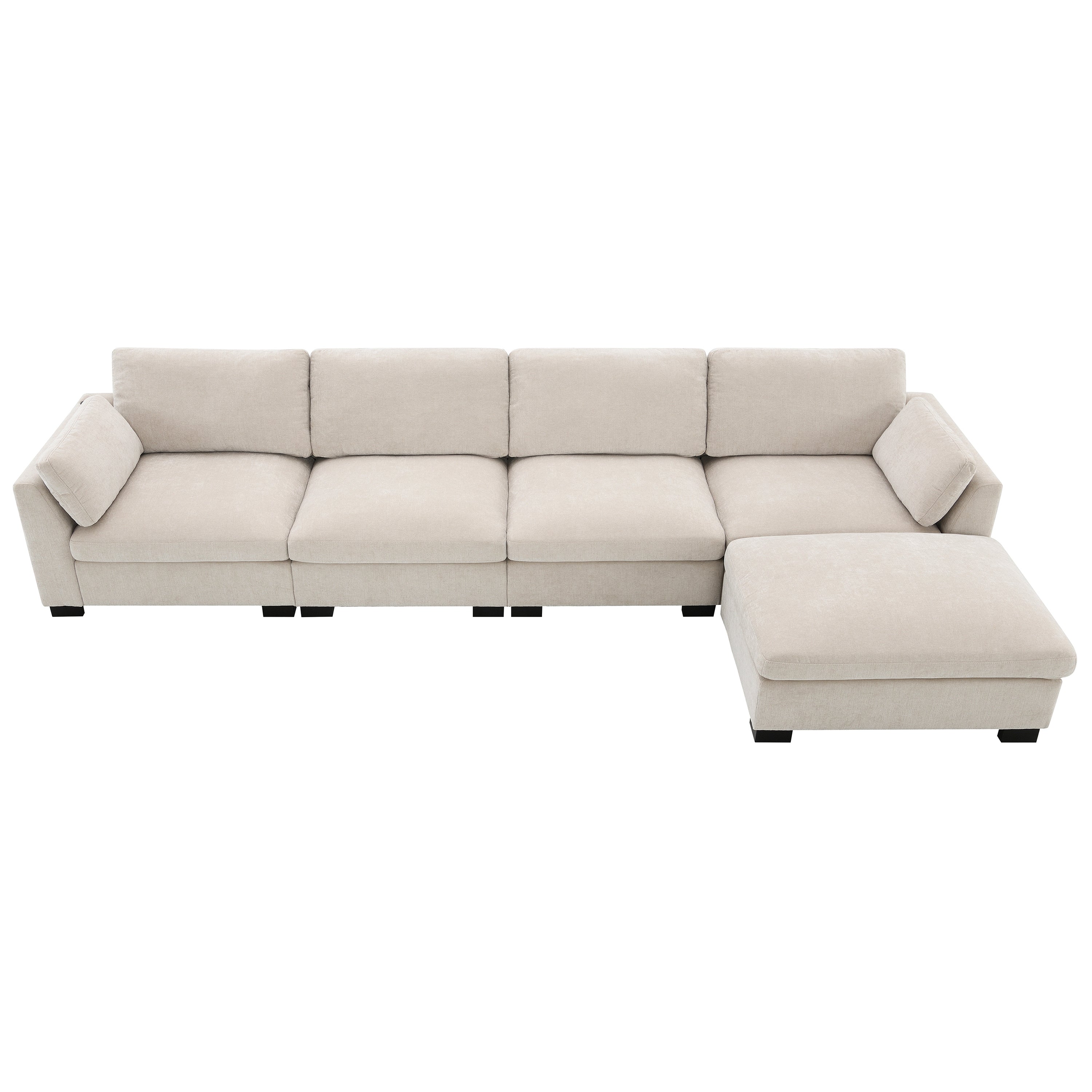 Top-down view of modular sectional sofa with L-shaped configuration and movable ottoman in beige chenille.