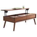 Oak wood lift-top coffee table with hidden storage compartment and walnut finish, ideal for modern living rooms.