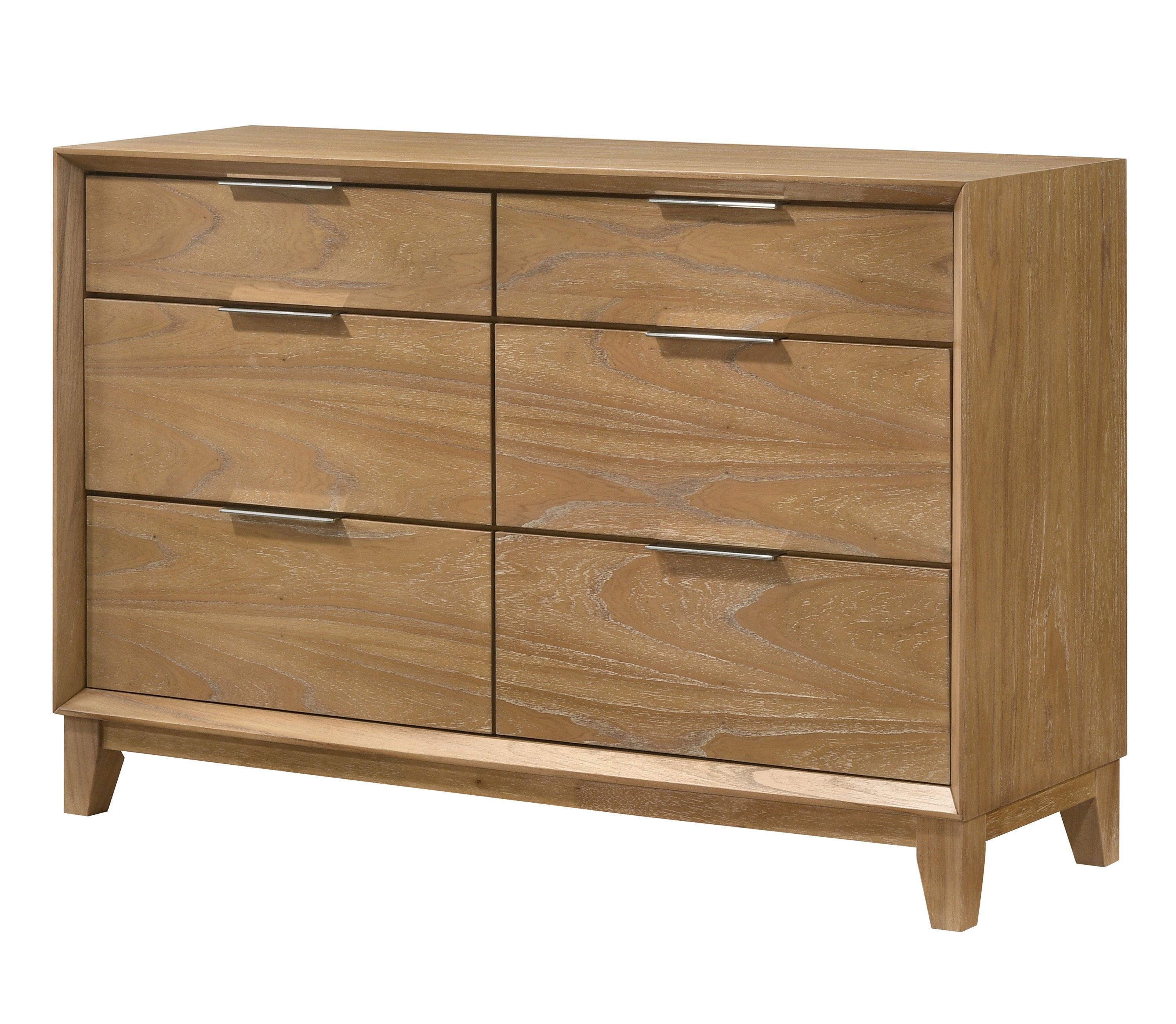 Contemporary 6-Drawer Dresser in natural wood finish with sleek metal handles, ideal for modern bedroom storage solutions.