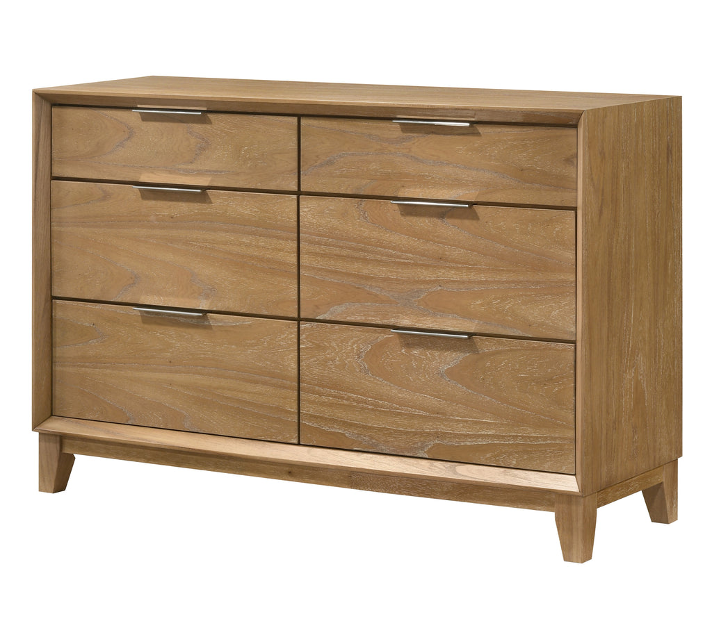 Contemporary 6-Drawer Dresser in natural wood finish with sleek metal handles, ideal for modern bedroom storage solutions.