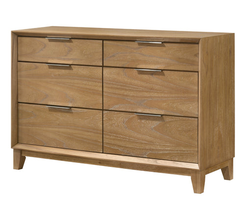 Contemporary 6-Drawer Dresser in natural wood finish with sleek metal handles, ideal for modern bedroom storage solutions.