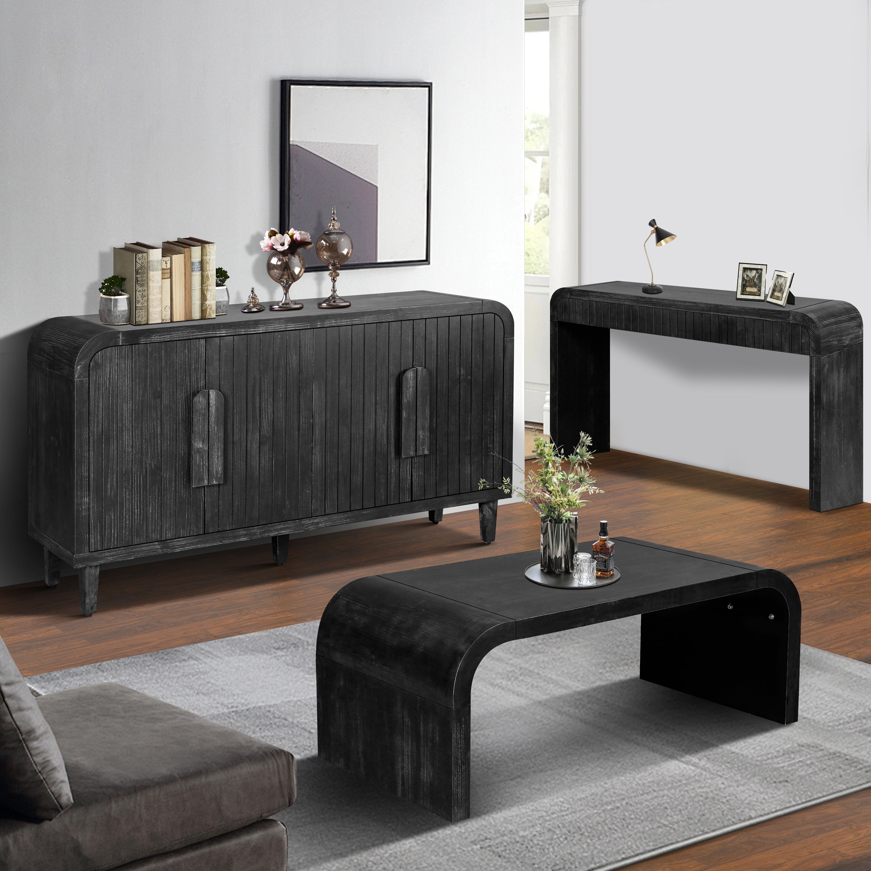 Farmhouse Coffee Table with matching console and cabinet, all in black vintage style, displayed in a modern farmhouse living room.