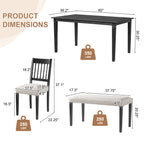 Product dimensions for retro 6-piece dining set including table, chairs, and bench with weight capacities, perfect for family meals and gatherings.