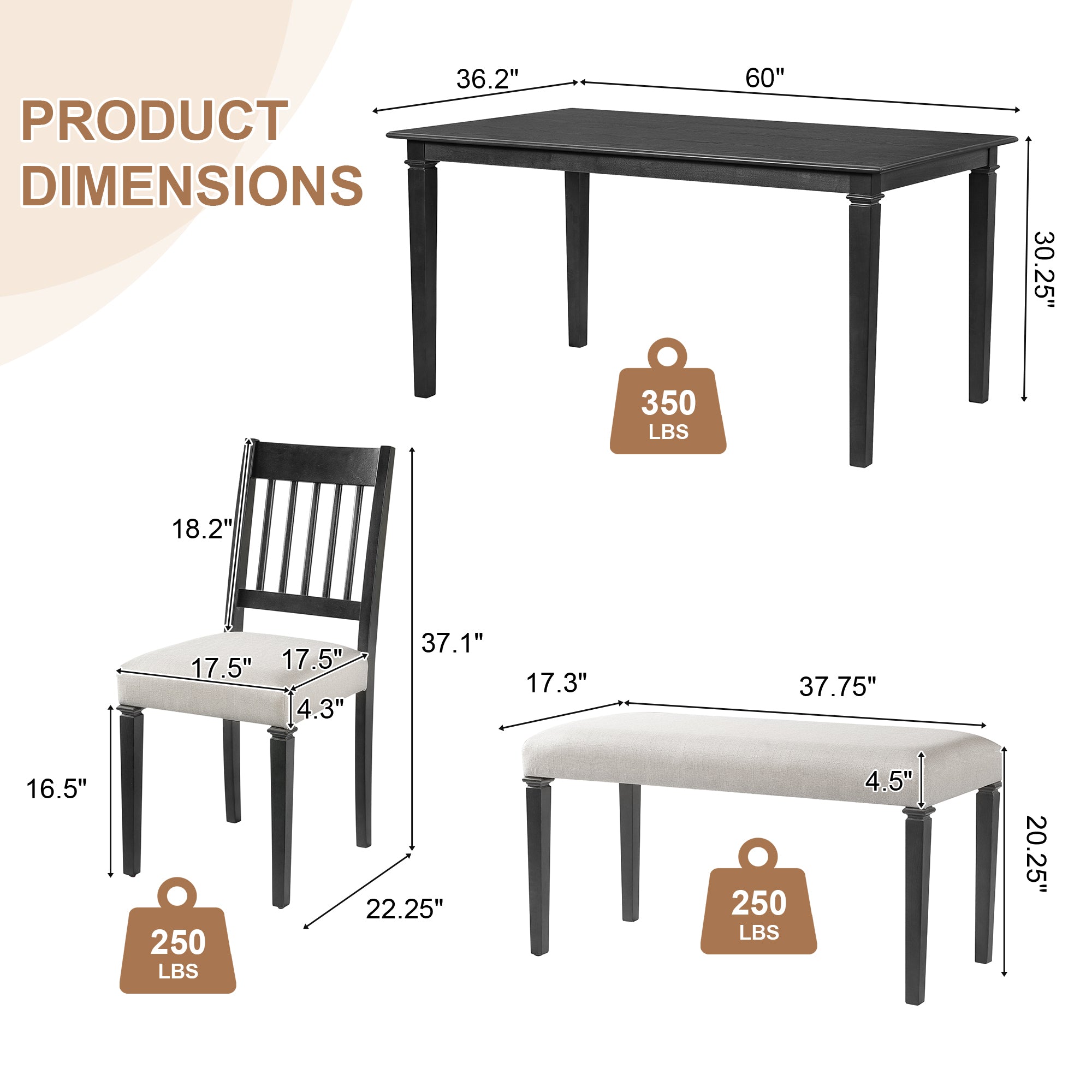 Product dimensions for retro 6-piece dining set including table, chairs, and bench with weight capacities, perfect for family meals and gatherings.