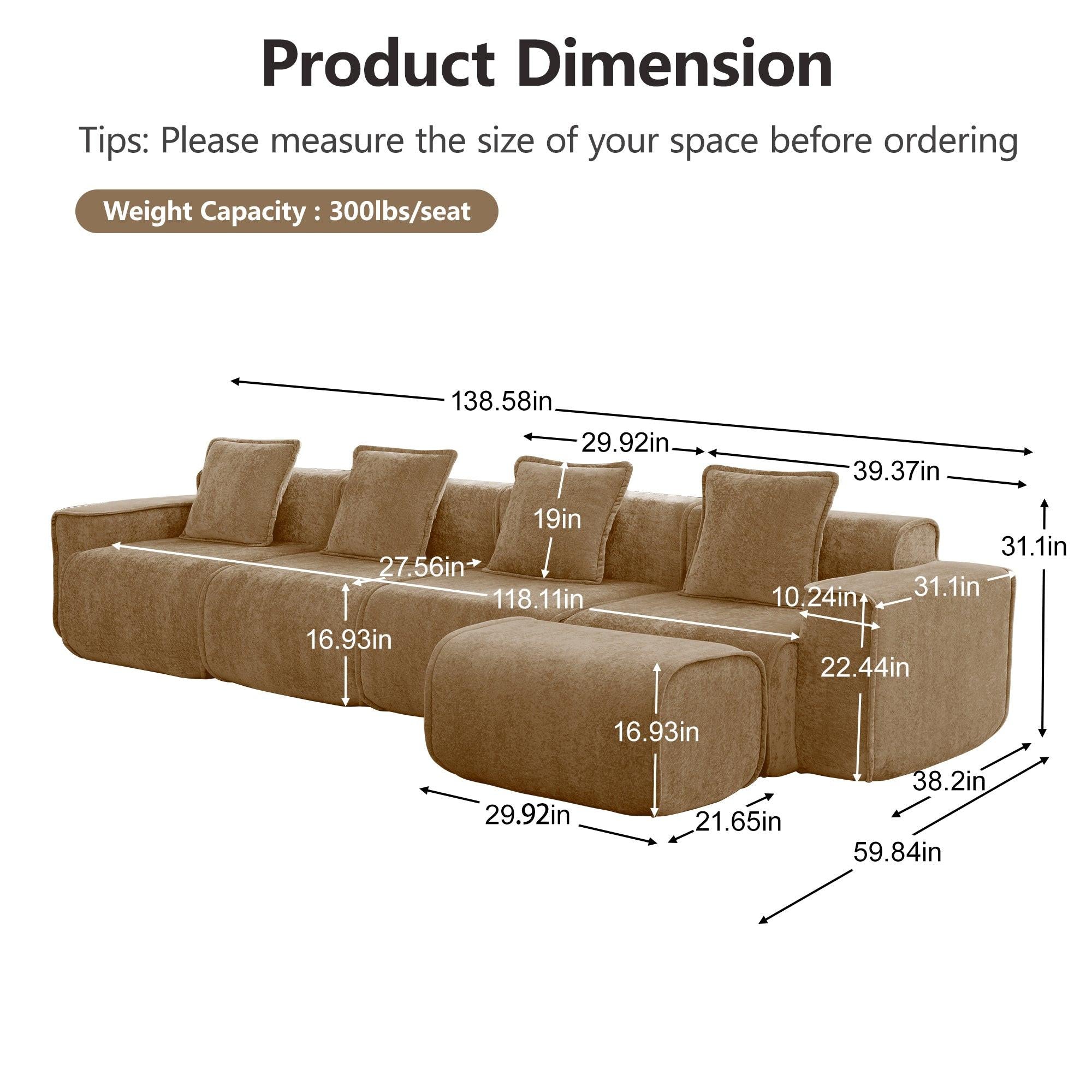 Modular L Shape Sofa: No-Assembly, Velvet Brown 4-Seater.
