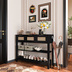 43.3' console table in entryway setup, used for shoe and bag storage with decorative accents, ideal for farmhouse-style homes.