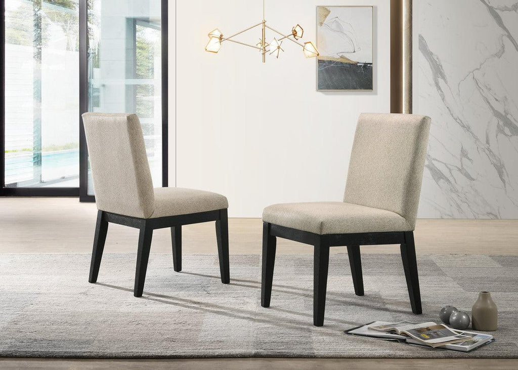 Jacopo Ebony Black Round Dining Table Set with Beige Chairs.