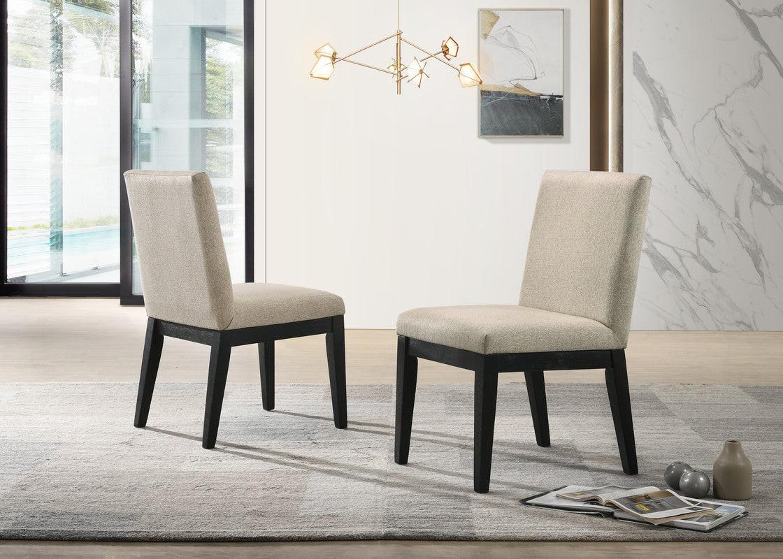 Jacopo Ebony Black Round Dining Table Set with Beige Chairs.