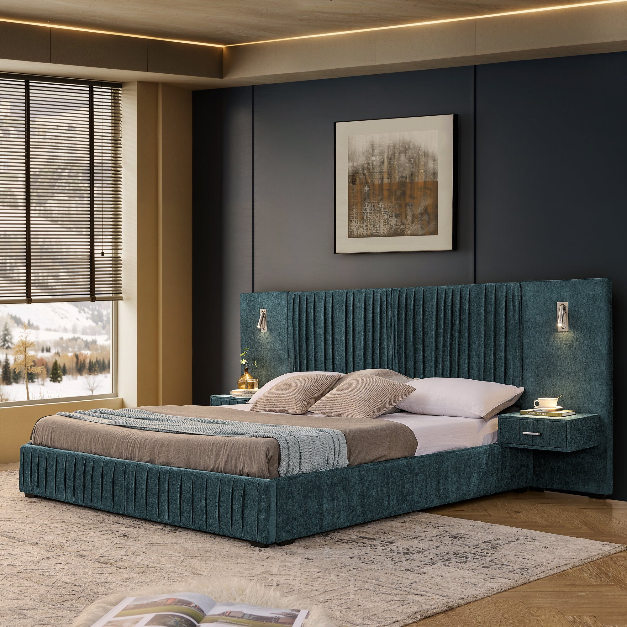 Blue-green king-size platform bed featuring pleated chenille upholstery, integrated headboard, and attached nightstands.